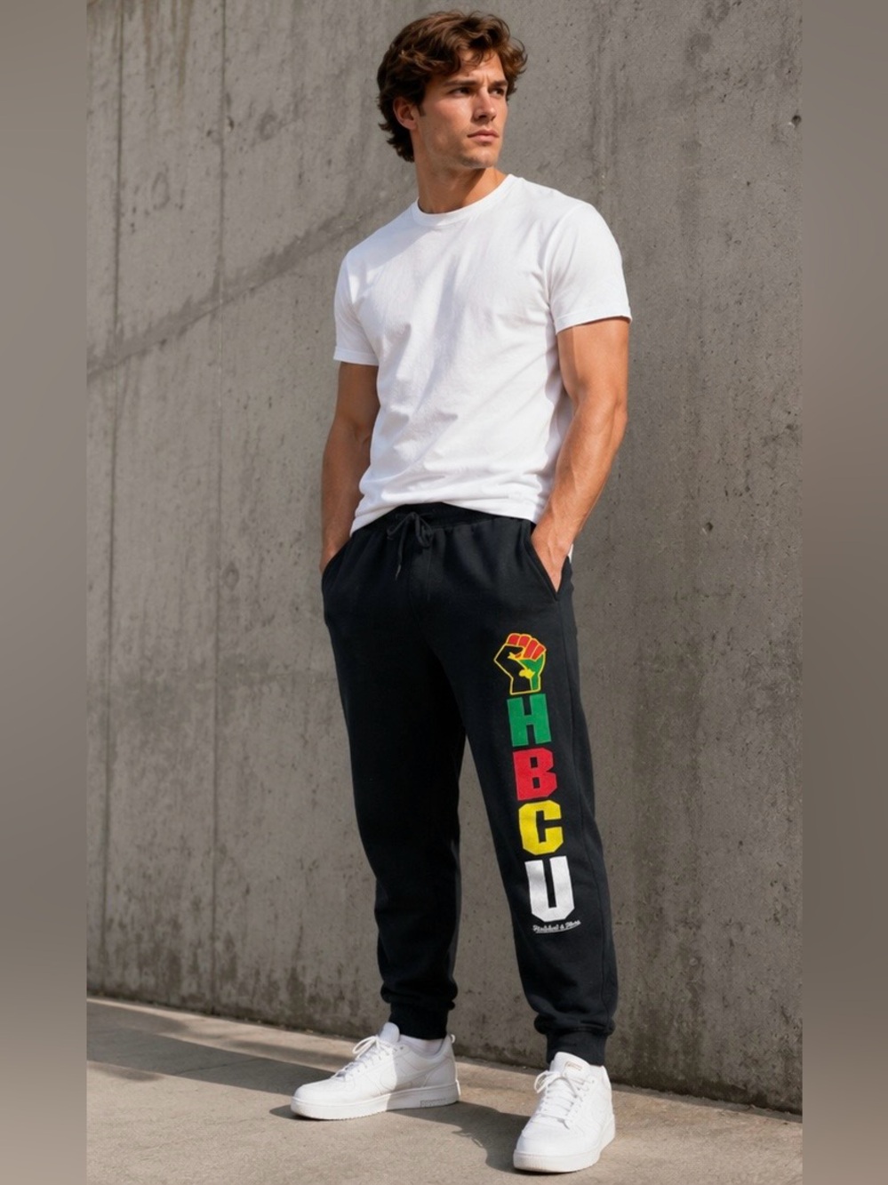 Mitchell & Ness Black Mens Joggers pants HBCU Fist Graphic Drawstring Sz Large